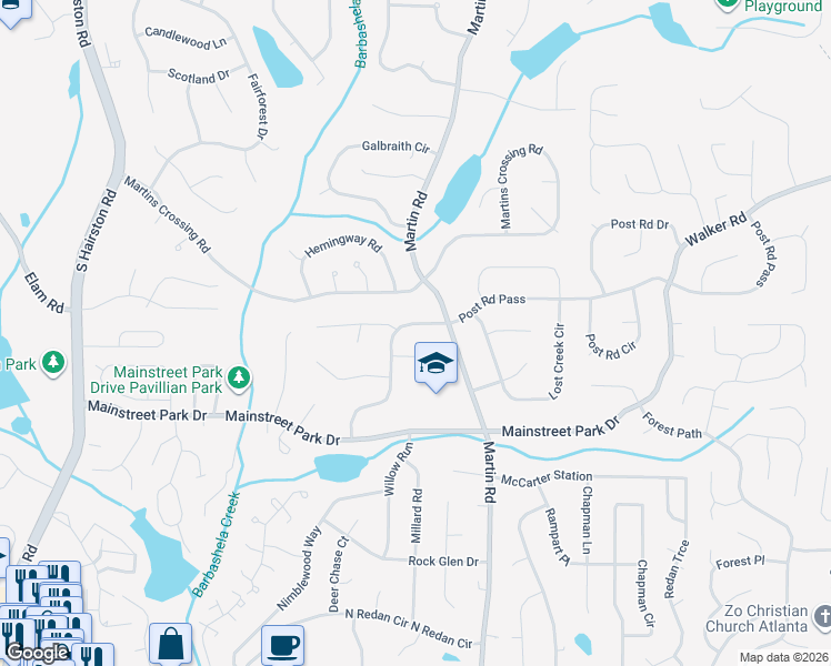 map of restaurants, bars, coffee shops, grocery stores, and more near 5069 Post Road Pass in Stone Mountain