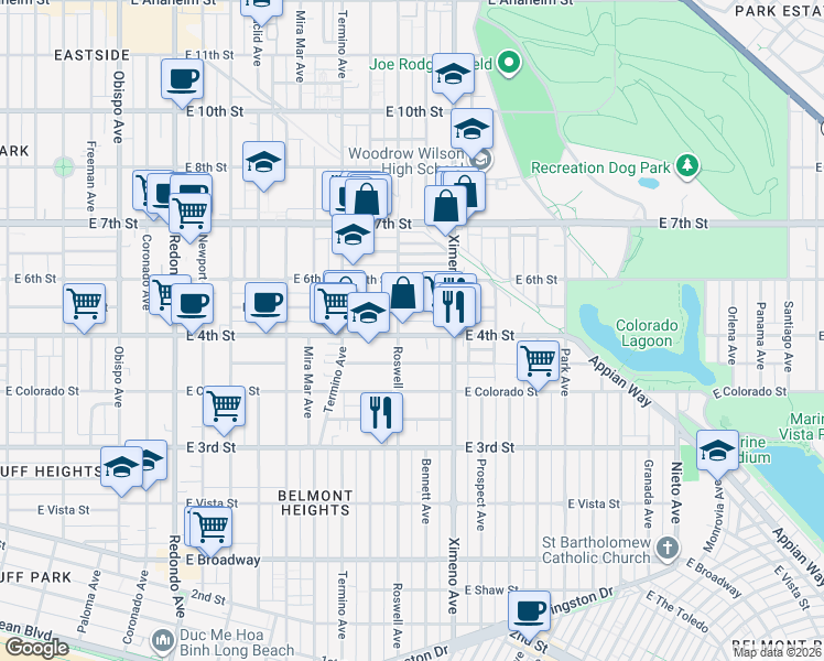 map of restaurants, bars, coffee shops, grocery stores, and more near 4219 East 4th Street in Long Beach