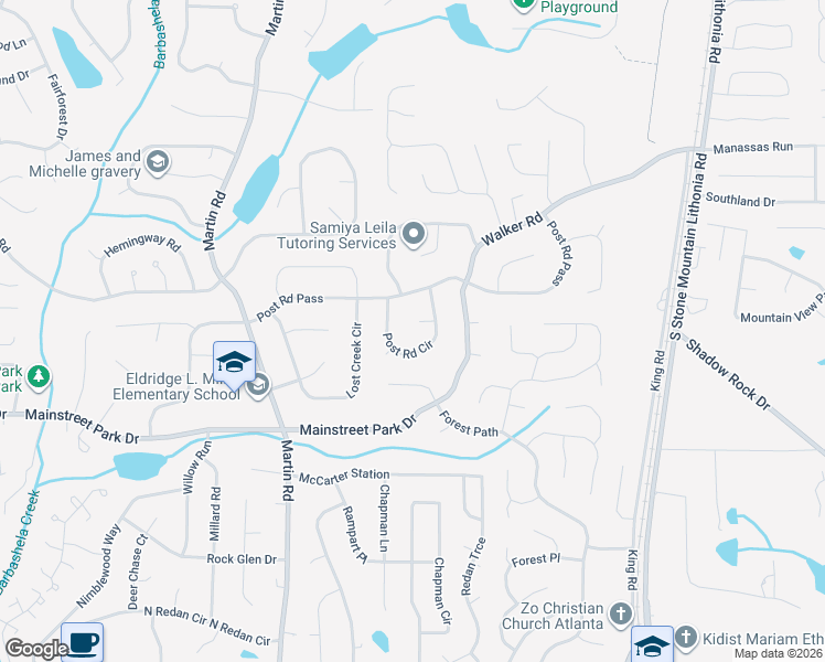map of restaurants, bars, coffee shops, grocery stores, and more near 5266 Post Ridge Court in Stone Mountain