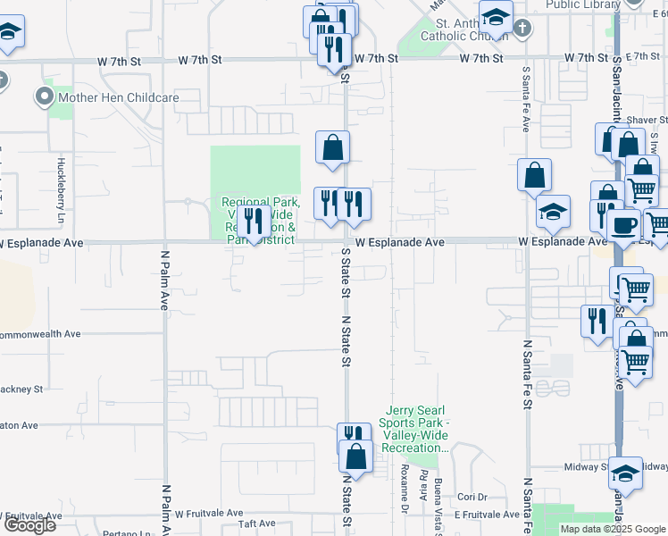 map of restaurants, bars, coffee shops, grocery stores, and more near 1455 South State Street in Hemet
