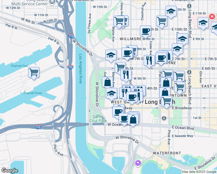 map of restaurants, bars, coffee shops, grocery stores, and more near 725 West 4th Street in Long Beach