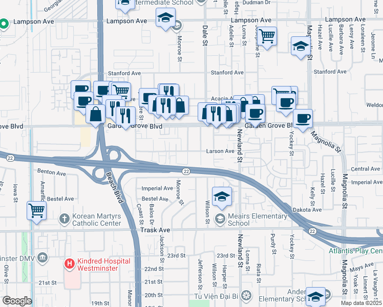 map of restaurants, bars, coffee shops, grocery stores, and more near 13101 Monroe Street in Garden Grove