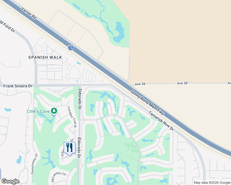 map of restaurants, bars, coffee shops, grocery stores, and more near 38119 Crocus Lane in Palm Desert