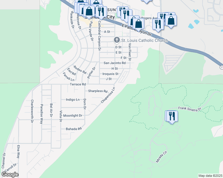 map of restaurants, bars, coffee shops, grocery stores, and more near 38061 Chuperosa Lane in Cathedral City