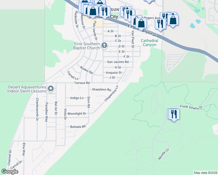 map of restaurants, bars, coffee shops, grocery stores, and more near 68541 Terrace Road in Cathedral City
