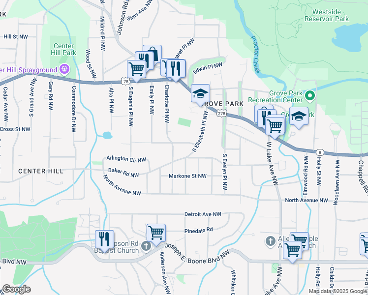 map of restaurants, bars, coffee shops, grocery stores, and more near 1925 Maywood Place Northwest in Atlanta
