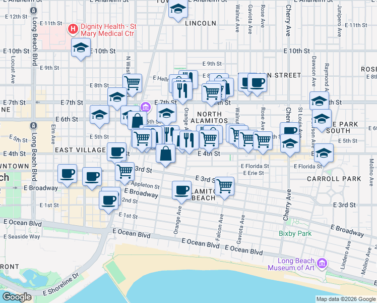 map of restaurants, bars, coffee shops, grocery stores, and more near 502 Orange Avenue in Long Beach