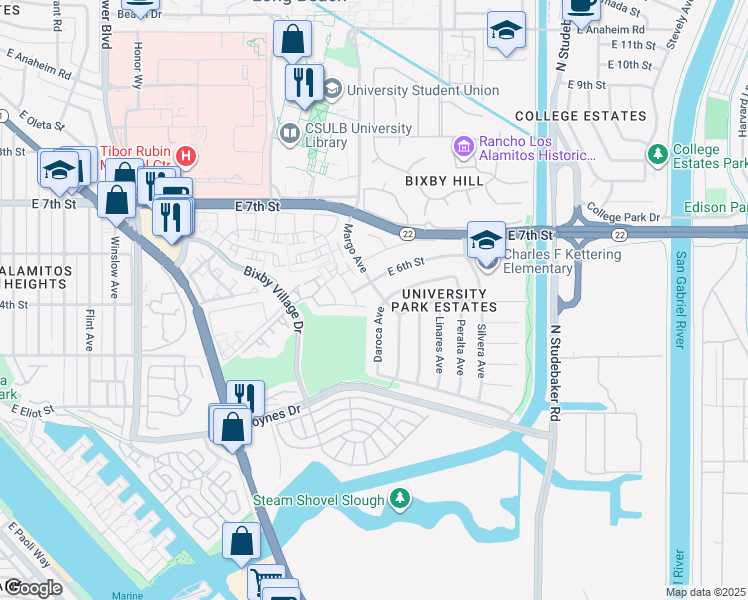 map of restaurants, bars, coffee shops, grocery stores, and more near 451 Margo Avenue in Long Beach