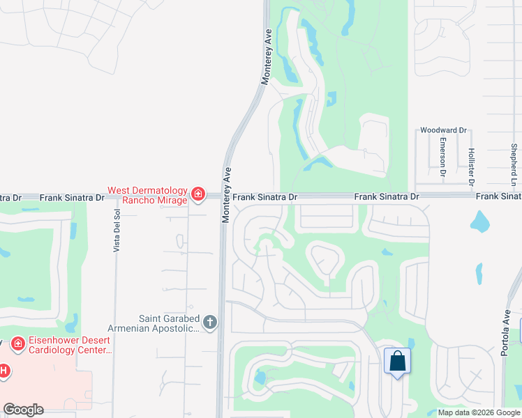 map of restaurants, bars, coffee shops, grocery stores, and more near 73135 Desert Greens Drive West in Palm Desert