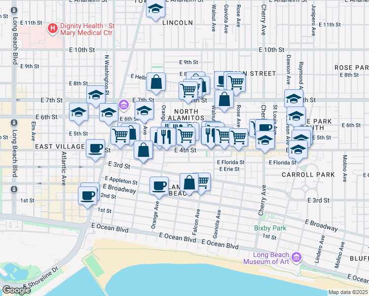map of restaurants, bars, coffee shops, grocery stores, and more near 446 Almond Avenue in Long Beach