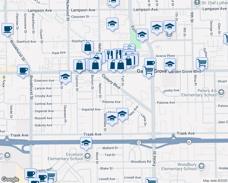 map of restaurants, bars, coffee shops, grocery stores, and more near 13152 Pleasant Street in Garden Grove