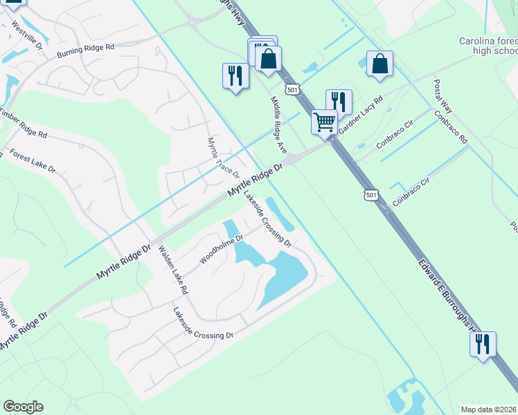 map of restaurants, bars, coffee shops, grocery stores, and more near 101 Walden Lake Road in Conway
