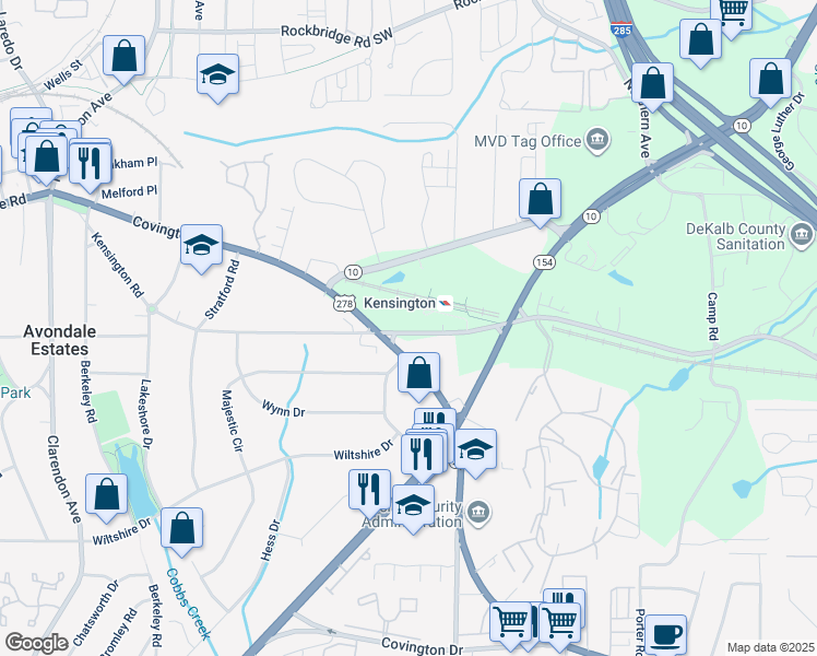 map of restaurants, bars, coffee shops, grocery stores, and more near 3560 Kensington Road in Decatur
