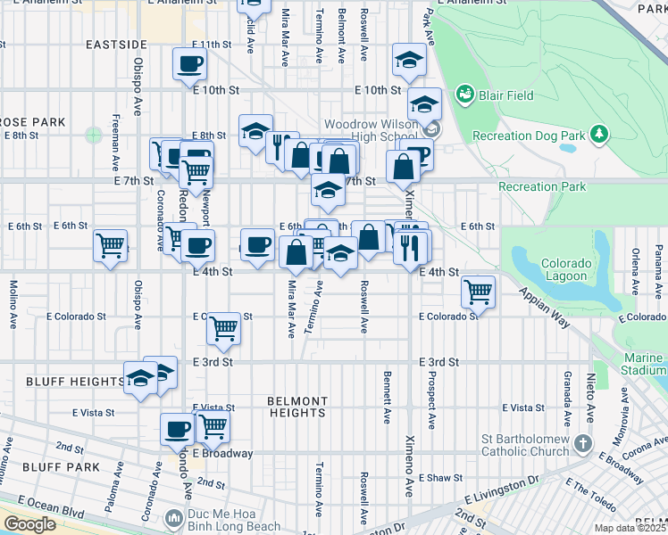 map of restaurants, bars, coffee shops, grocery stores, and more near 4027 East 4th Street in Long Beach