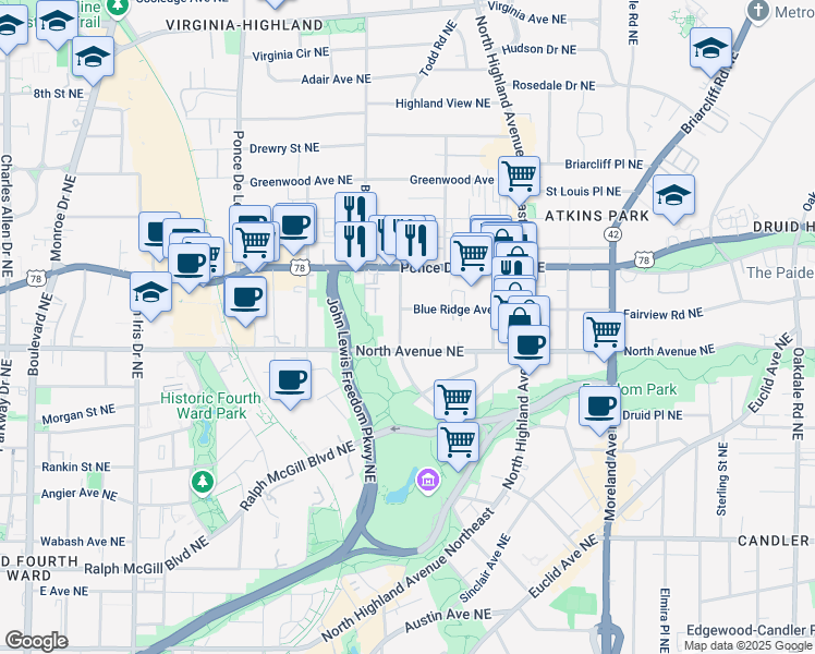 map of restaurants, bars, coffee shops, grocery stores, and more near 637 Linwood Avenue Northeast in Atlanta