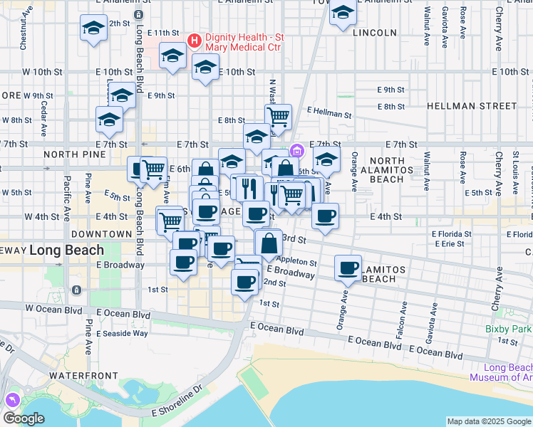 map of restaurants, bars, coffee shops, grocery stores, and more near 434 Olive Avenue in Long Beach