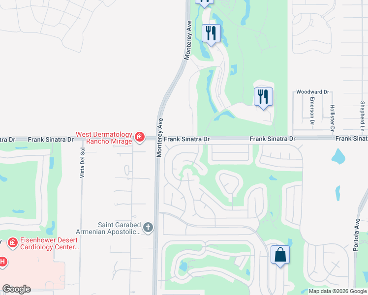 map of restaurants, bars, coffee shops, grocery stores, and more near 73135 Desert Greens Drive West in Palm Desert