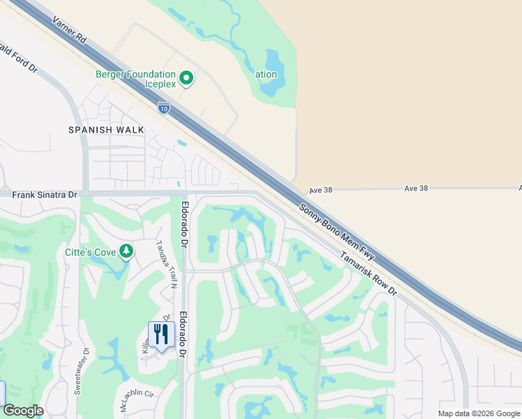 map of restaurants, bars, coffee shops, grocery stores, and more near 38099 Crocus Lane in Palm Desert