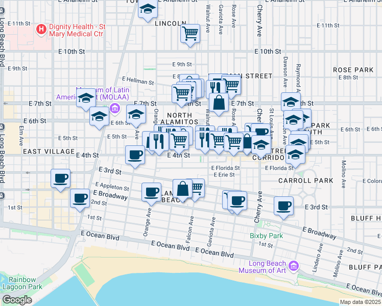 map of restaurants, bars, coffee shops, grocery stores, and more near 1506 East 5th Street in Long Beach