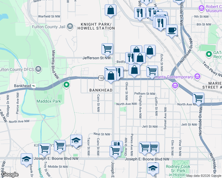 map of restaurants, bars, coffee shops, grocery stores, and more near 649 Joseph E. Lowery Boulevard Northwest in Atlanta