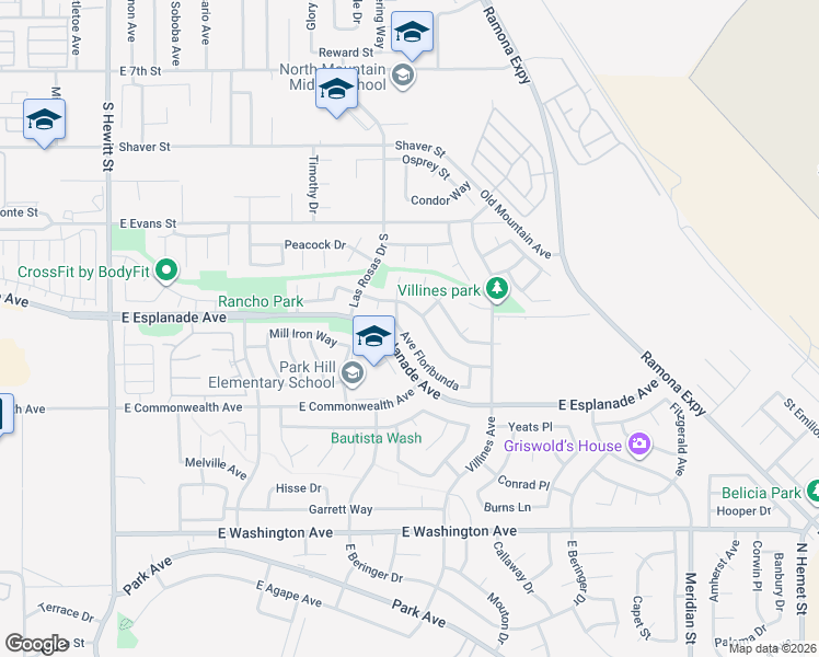 map of restaurants, bars, coffee shops, grocery stores, and more near 1215 Avenue Floribunda in San Jacinto