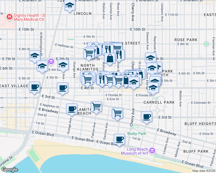 map of restaurants, bars, coffee shops, grocery stores, and more near 1625 East 4th Street in Long Beach