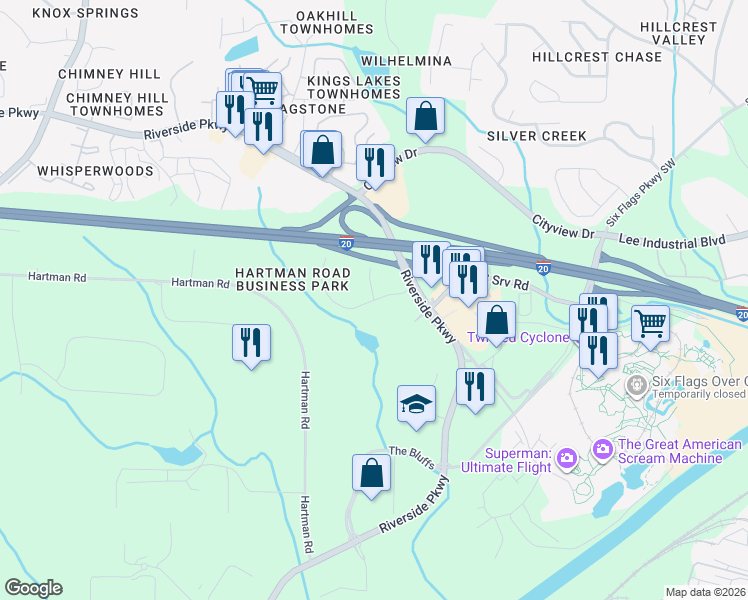 map of restaurants, bars, coffee shops, grocery stores, and more near 203 Twin Hill Road in Austell