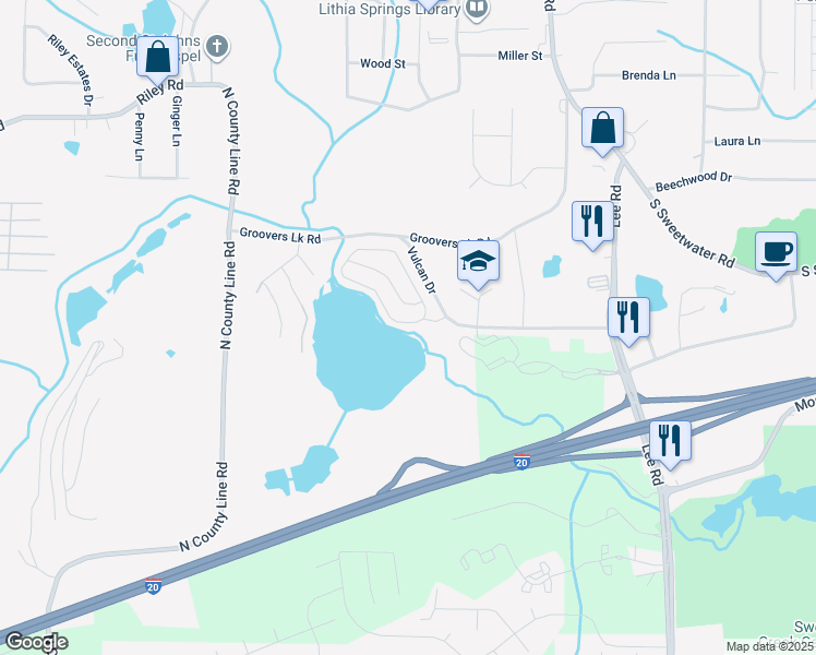 map of restaurants, bars, coffee shops, grocery stores, and more near 1221 Matt Moore Court in Lithia Springs