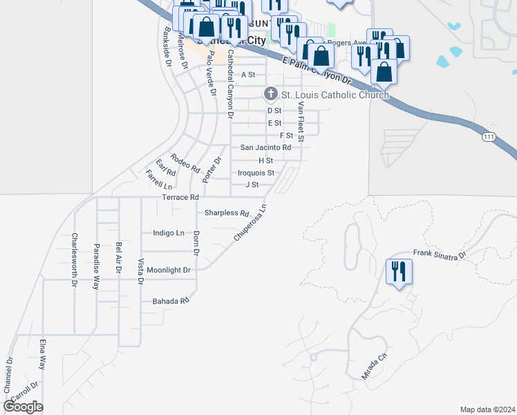 map of restaurants, bars, coffee shops, grocery stores, and more near 38061 Chuperosa Lane in Cathedral City