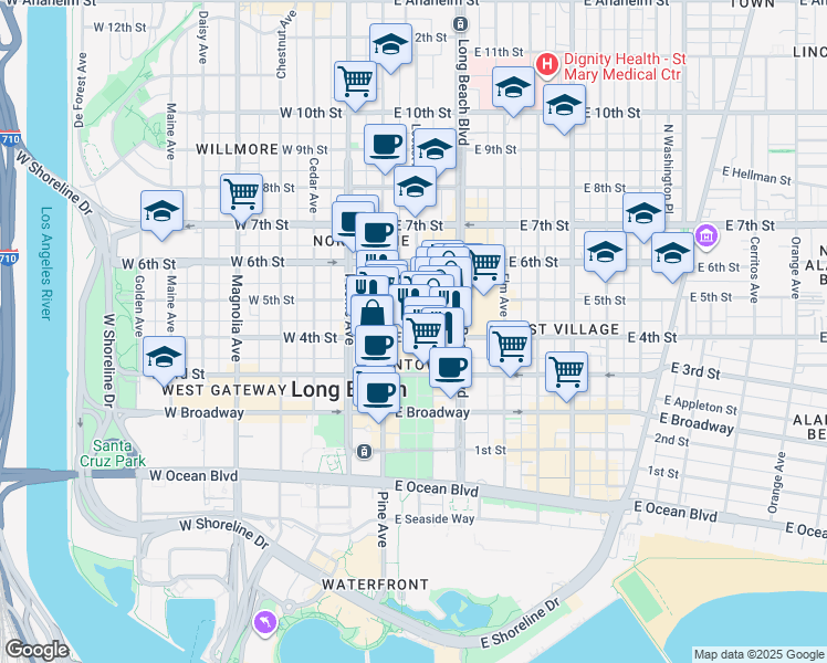 map of restaurants, bars, coffee shops, grocery stores, and more near 155 East 4th Street in Long Beach