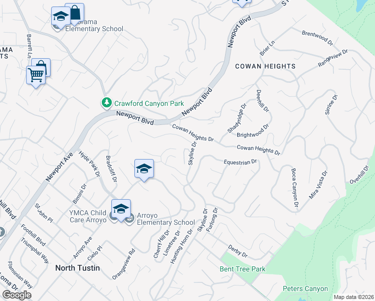 map of restaurants, bars, coffee shops, grocery stores, and more near 1332 Country Hills Drive in North Tustin
