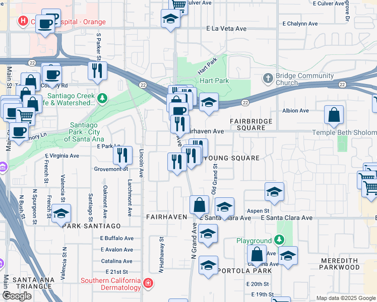 map of restaurants, bars, coffee shops, grocery stores, and more near 35 North Grand Avenue in Santa Ana