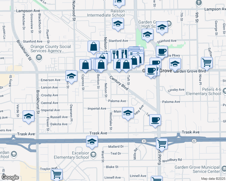 map of restaurants, bars, coffee shops, grocery stores, and more near 13102 Nelson Street in Garden Grove