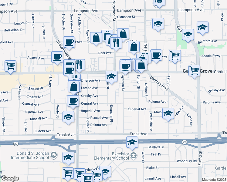 map of restaurants, bars, coffee shops, grocery stores, and more near 13122 Adland Street in Garden Grove