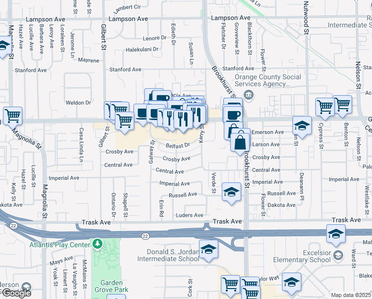 map of restaurants, bars, coffee shops, grocery stores, and more near 9873 Belfast Drive in Garden Grove