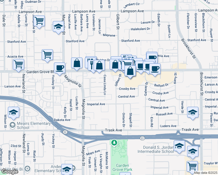 map of restaurants, bars, coffee shops, grocery stores, and more near 13072 Casa Linda Lane in Garden Grove