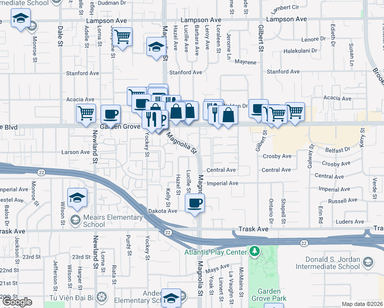 map of restaurants, bars, coffee shops, grocery stores, and more near 13135 Magnolia Street in Garden Grove