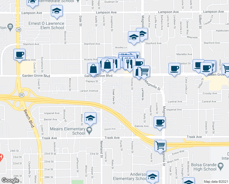 map of restaurants, bars, coffee shops, grocery stores, and more near 8582 Emerson Circle in Garden Grove
