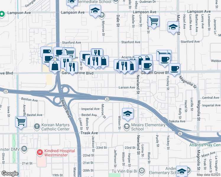 map of restaurants, bars, coffee shops, grocery stores, and more near 13101 Monroe Street in Garden Grove