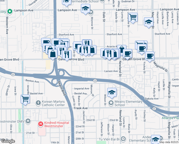 map of restaurants, bars, coffee shops, grocery stores, and more near 8155 Larson Avenue in Garden Grove