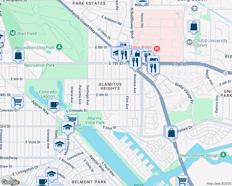map of restaurants, bars, coffee shops, grocery stores, and more near 434 Los Altos Avenue in Long Beach