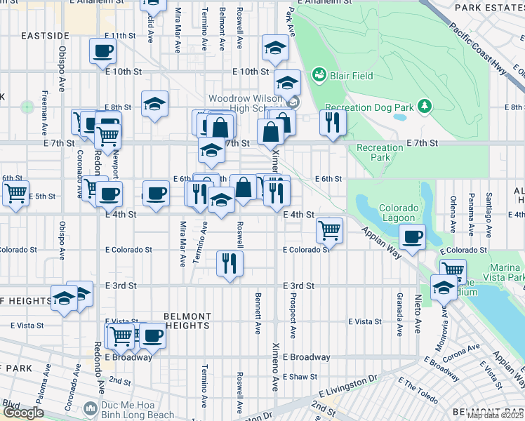 map of restaurants, bars, coffee shops, grocery stores, and more near 4228 East 5th Street in Long Beach