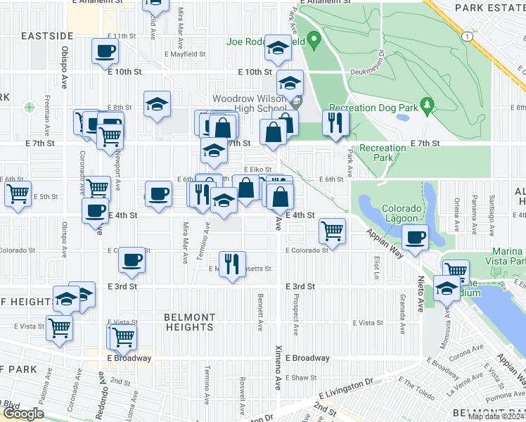 map of restaurants, bars, coffee shops, grocery stores, and more near 4228 East 5th Street in Long Beach