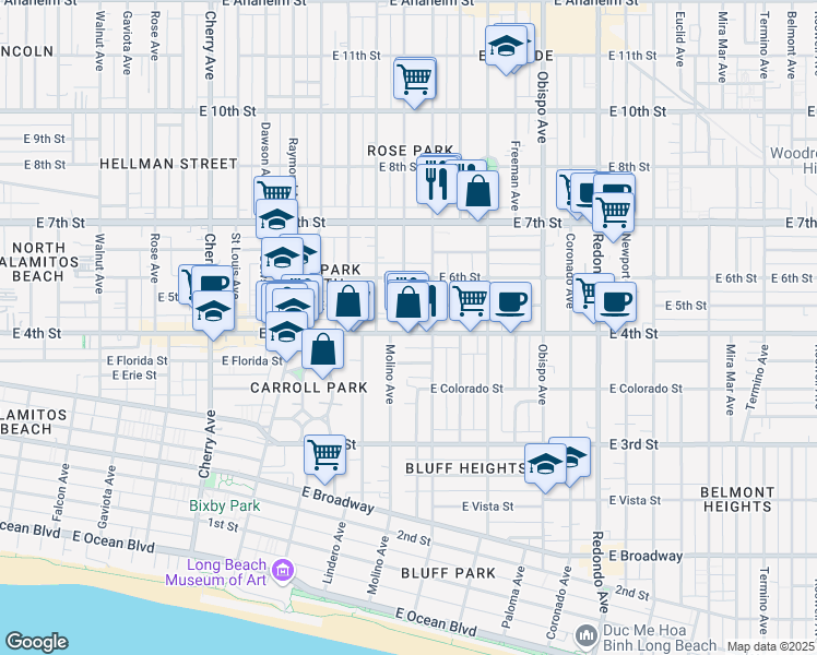 map of restaurants, bars, coffee shops, grocery stores, and more near 444 Ohio Avenue in Long Beach