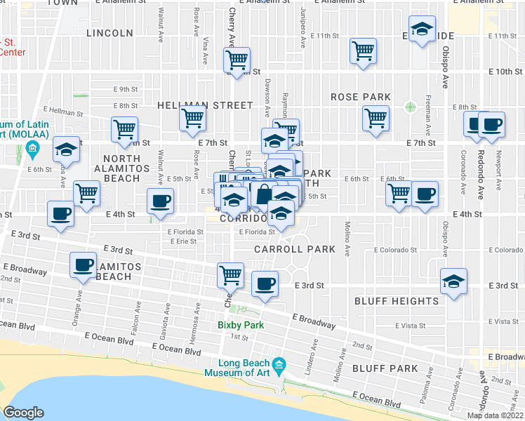 map of restaurants, bars, coffee shops, grocery stores, and more near 445 Dawson Avenue in Long Beach