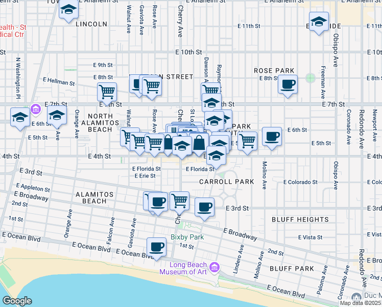 map of restaurants, bars, coffee shops, grocery stores, and more near in Long Beach