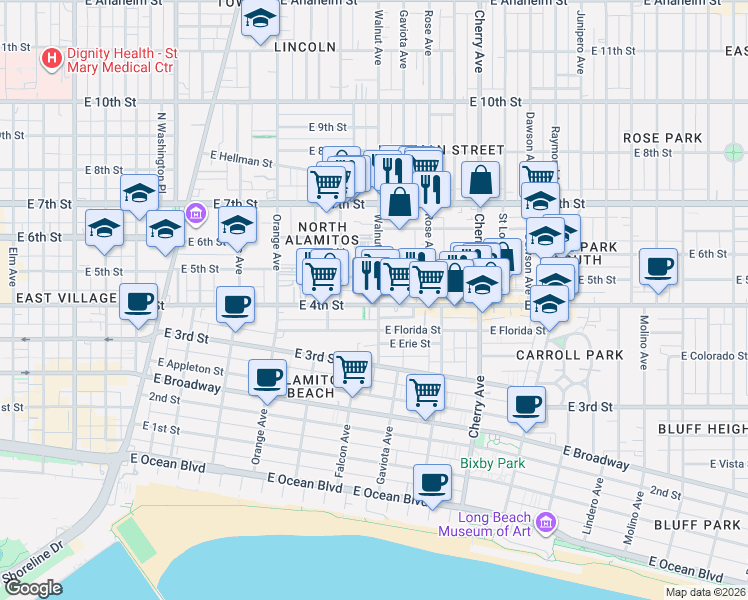 map of restaurants, bars, coffee shops, grocery stores, and more near 1545 East 4th Street in Long Beach