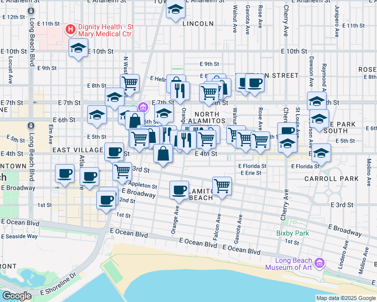 map of restaurants, bars, coffee shops, grocery stores, and more near 502 Orange Avenue in Long Beach