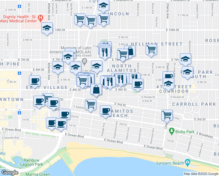 map of restaurants, bars, coffee shops, grocery stores, and more near 502 Orange Avenue in Long Beach