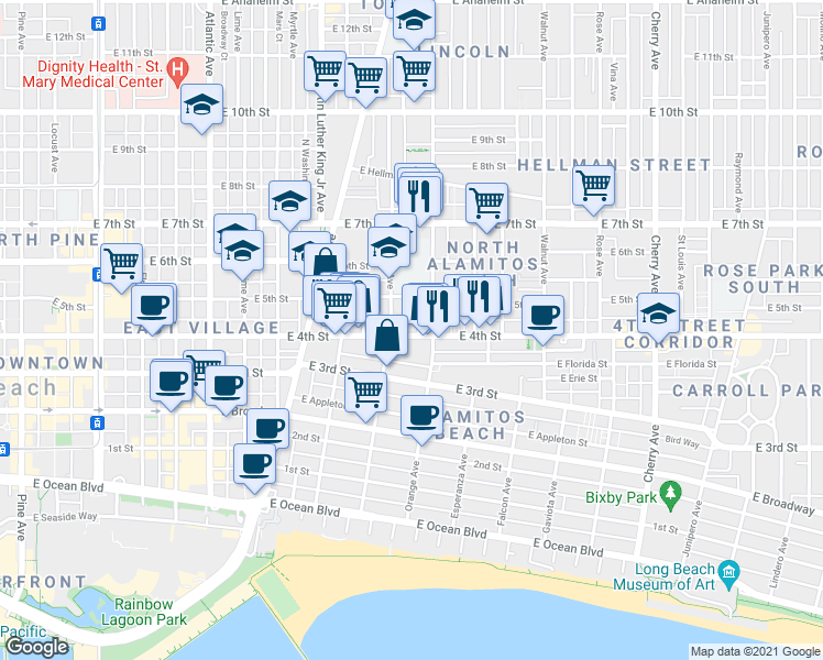 map of restaurants, bars, coffee shops, grocery stores, and more near 438 1/2 Cerritos Avenue in Long Beach